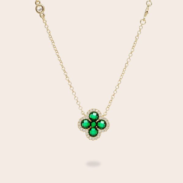 Collana Placcato Oro Fiore Singolo Verde Smeraldo